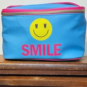 French Bull Blue and Pink Cosmetic Bag with Smiley Face